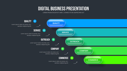 Digital Growth Presentation Layout Vector Illustration. Service Campaign 5 Step Infographic Frame Template. Enterprise Briefing Five Option Diagram Slideshow Design.