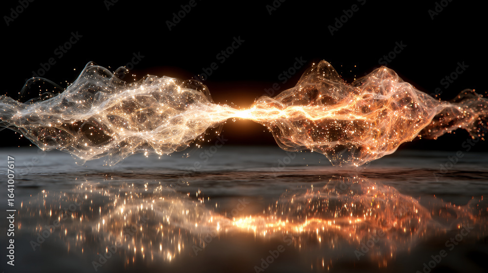 Poster abstract golden energy wave with reflection on dark surface. digital art design with light particles
