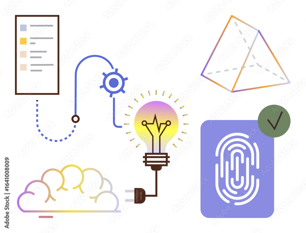 Poster lightbulb symbolizing ideas, cloud for data storage, fingerprint for security, pyramid for structure