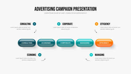 Market Strategy Five Element Infographic Slide Template. Investor Planning Slideshow Layout Vector Illustration. Financial Showcase 5 Step Diagram Presentation Design.