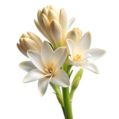 Fototapeta premium Elegant White Tuberose Flowers with Buds and Green Stems on White Background