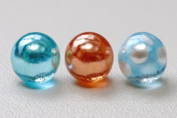 Three colorful, round glass beads in a row