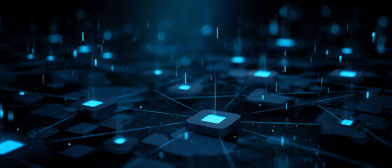 Futuristic digital network with glowing blue nodes connected by lines, symbolizing data exchange, connectivity, and advanced technology in a dark, high-tech environment