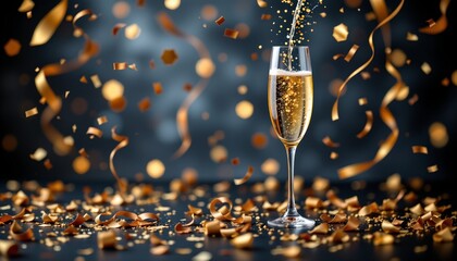 champagne flute with gold confetti, new year's eve, no people, no text, no logo