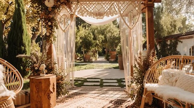 Cozy wedding boho outdoor seating area with vintage sofa, decorative pillows, and bohemian decor, surrounded by nature and soft sunlight, creating a serene atmosphere for relaxation