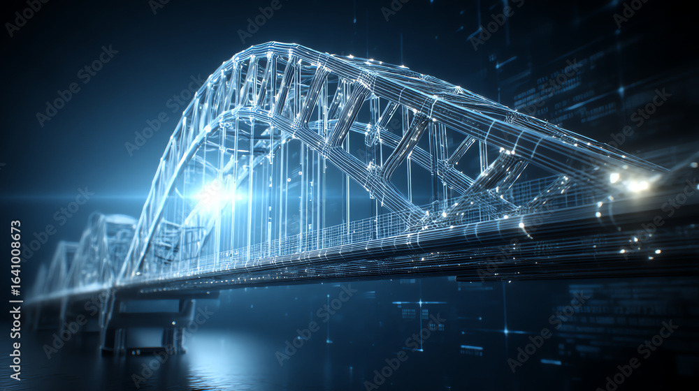 Poster futuristic digital wireframe model of a bridge illuminated by blue light, showcasing advanced techno