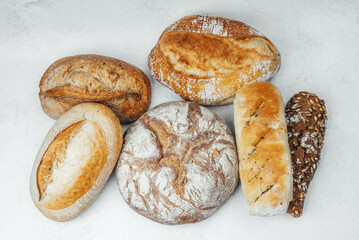 Artisan bread selection arranged on a light background for display and taste