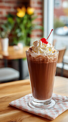 Decadent chocolate shake topped with whipped cream and a cherry served in a cozy cafe setting

