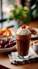 Decadent chocolate shake topped with whipped cream and a cherry served in a cozy cafe setting

