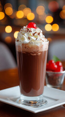 Decadent chocolate shake topped with whipped cream and a cherry served in a cozy cafe setting

