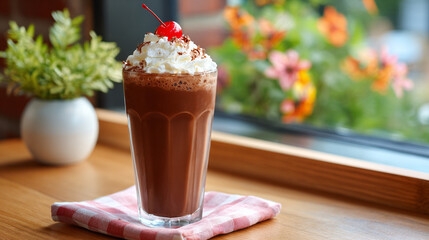 Decadent chocolate shake topped with whipped cream and a cherry served in a cozy cafe setting

