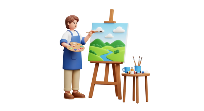 artist painting landscape creative process studio scene d render