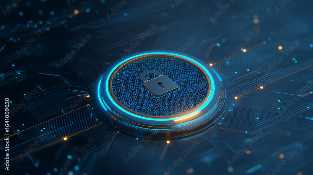 Poster a glowing digital lock icon on a futuristic circuit board symbolizes cybersecurity, data protection,