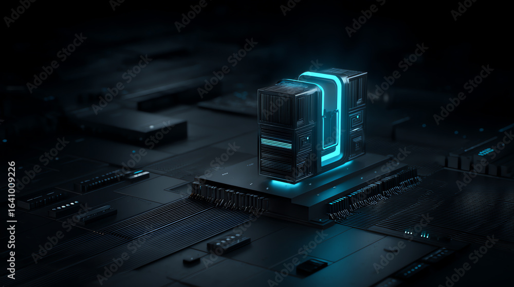Poster futuristic digital circuit board with a glowing blue core, symbolizing advanced technology, data pro