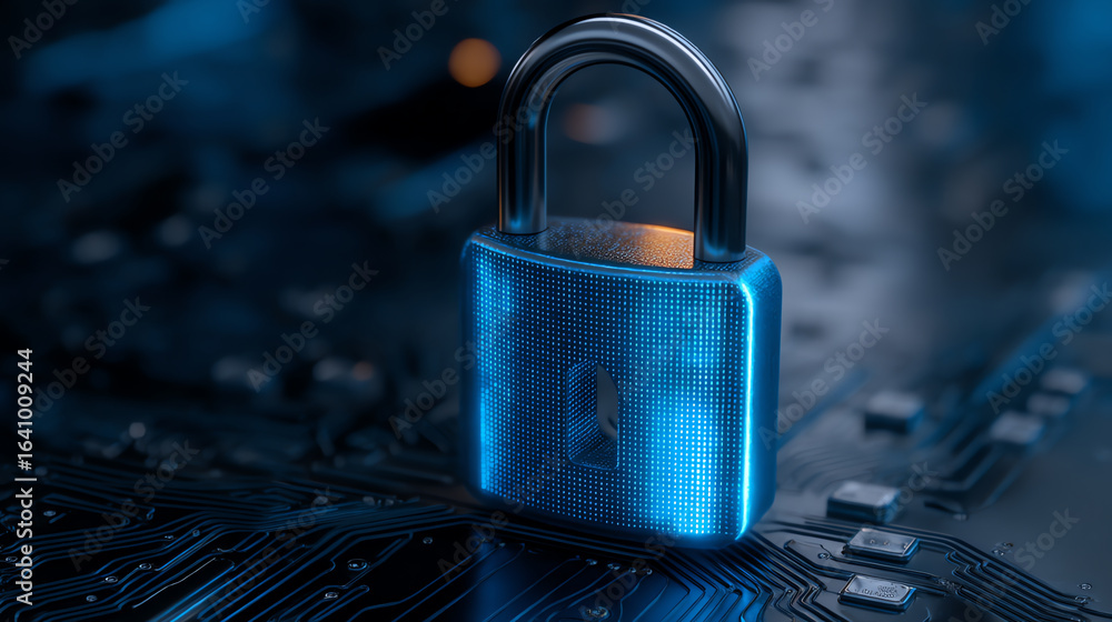Poster a glowing blue padlock on a digital circuit board symbolizes cybersecurity and data protection in a 