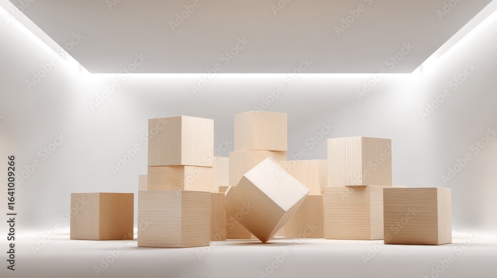 Poster minimalist display with wooden cubes: modern exhibition space for product showcase, abstract archite