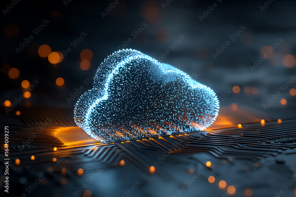 Fototapete a glowing digital cloud composed of blue particles hovers above an illuminated circuit board, symbol