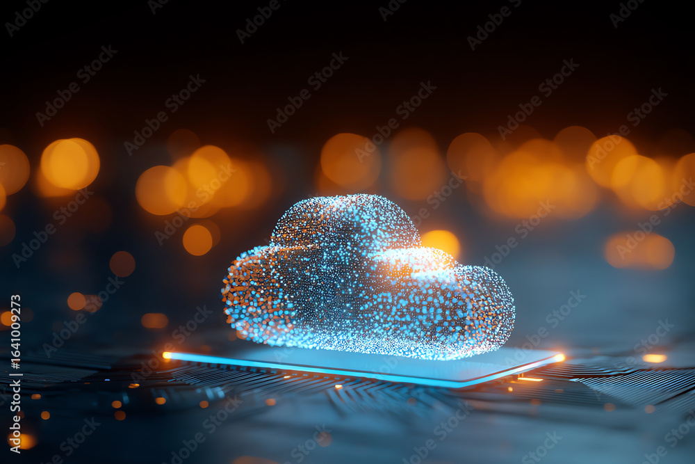Poster digital cloud composed of glowing blue particles hovering above a futuristic circuit board with warm