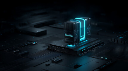 Futuristic digital circuit board with a glowing blue core, symbolizing advanced technology, data processing, and artificial intelligence in a dark, high-tech environment