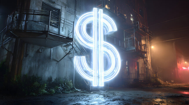 A glowing dollar sign in front of a dilapidated building at night with a misty atmosphere around it