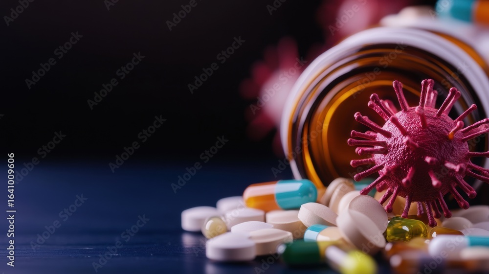 Poster pills and a virus model scatter on a dark surface in a health context