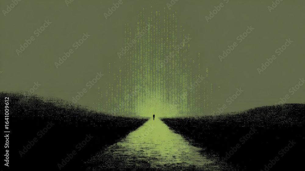 Poster digital landscape with binary code waterfall in green neon glow. abstract path leading to cyber port