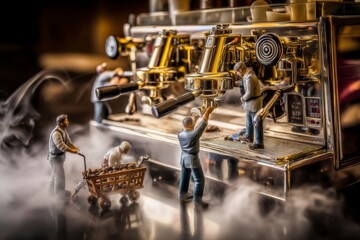 Miniature baristas expertly craft espresso using steaming coffee machine, highlighting coffee craftsmanship, artisanal brewing, and cafe culture excellence.