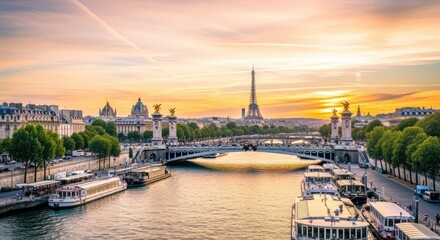 Obraz premium Paris Cityscape at Sunset: Eiffel Tower and Alexandre III Bridge Over the Seine River