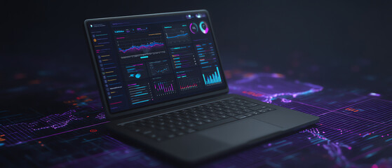 A sleek laptop displays complex data analytics dashboards with charts and graphs, set against a futuristic, digital background featuring glowing maps and data points
