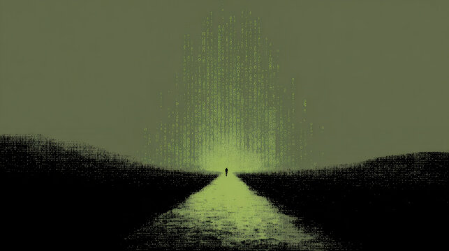 Digital landscape with binary code waterfall in green neon glow. Abstract path leading to cyber portal. Futuristic technology concept for gaming background and digital art