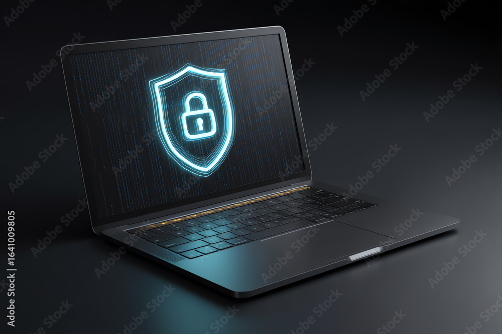 Poster a sleek laptop displays a glowing shield with a padlock symbol, representing cybersecurity and data 