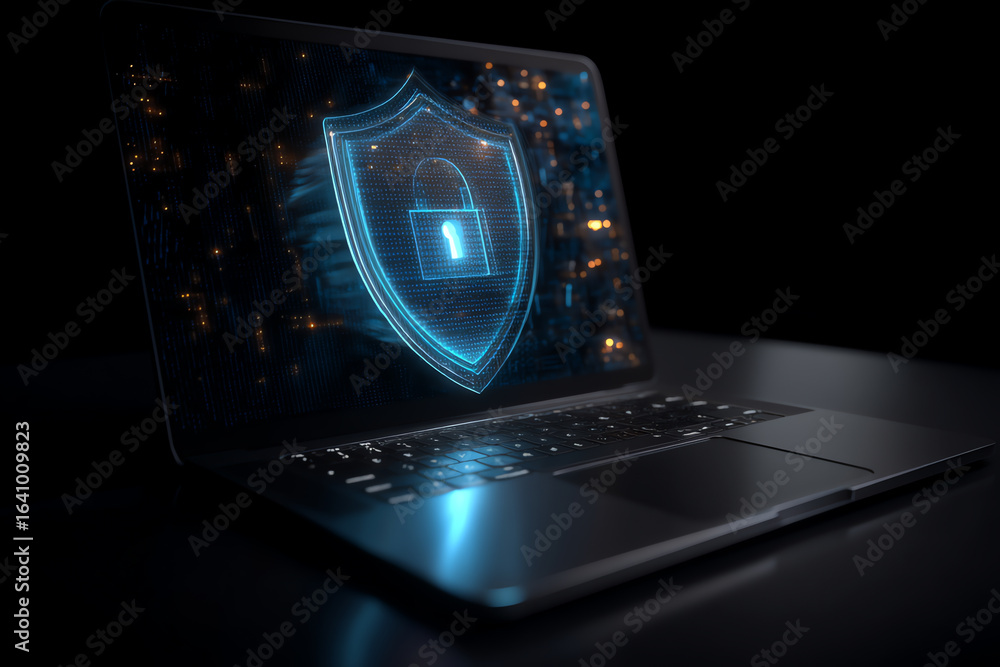 Poster laptop displaying a glowing digital shield with a lock icon, symbolizing cybersecurity and data prot