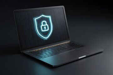 A sleek laptop displays a glowing shield with a padlock symbol, representing cybersecurity and data protection against a dark background with streaming digital code