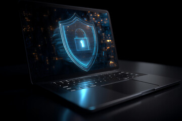 Laptop displaying a glowing digital shield with a lock icon, symbolizing cybersecurity and data protection in a dark, tech-focused environment