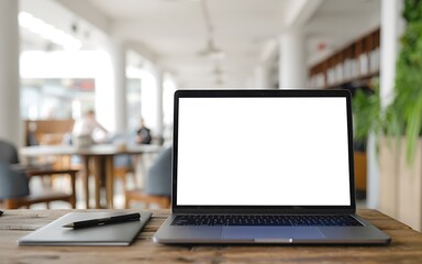 Modern laptop open on wooden table with notebook and pen blank screen