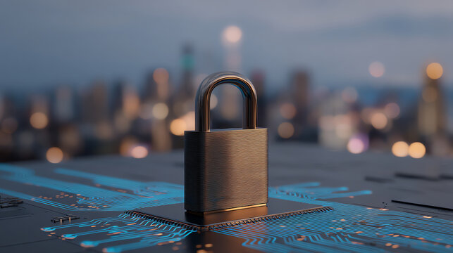 A metallic padlock sits atop a circuit board, symbolizing cybersecurity and data protection against a blurred cityscape background with bokeh lights