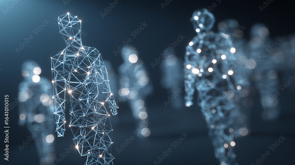 Poster digital wireframe human figures composed of interconnected glowing nodes and lines, set against a da