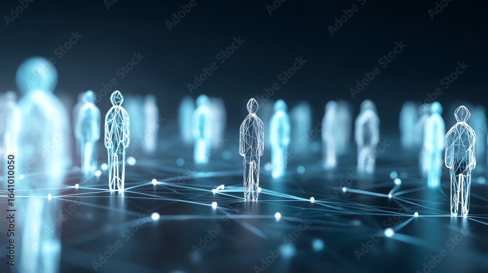Poster futuristic network of glowing wireframe human figures connected by illuminated nodes on a dark surfa
