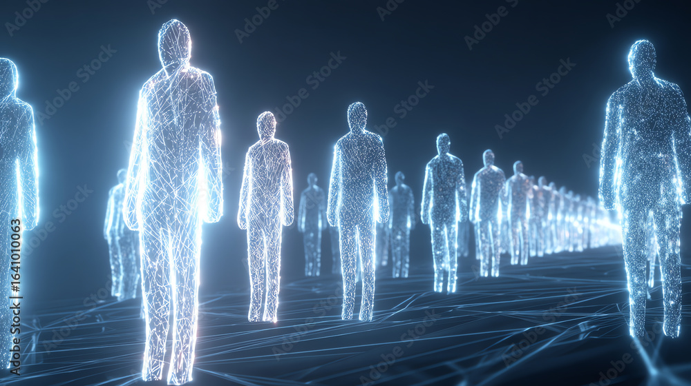 Poster glowing digital human figures made of interconnected light lines stand in a vast, dark space, creati