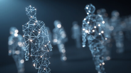 Digital wireframe human figures composed of interconnected glowing nodes and lines, set against a dark blurred background, symbolizing technology and networked connectivity