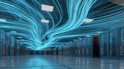A futuristic data center with rows of server racks and glowing blue fiber optic cables flowing above, symbolizing high-speed data transmission and advanced digital connectivity