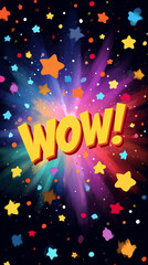 Exciting cartoon style explosion with wow text and colorful stars in the background

