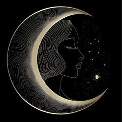 Golden line art portrait of a woman with flowing hair and crescent moon. Elegant, mystical, and perfect for modern interiors, spiritual spaces, or luxury wall decor.