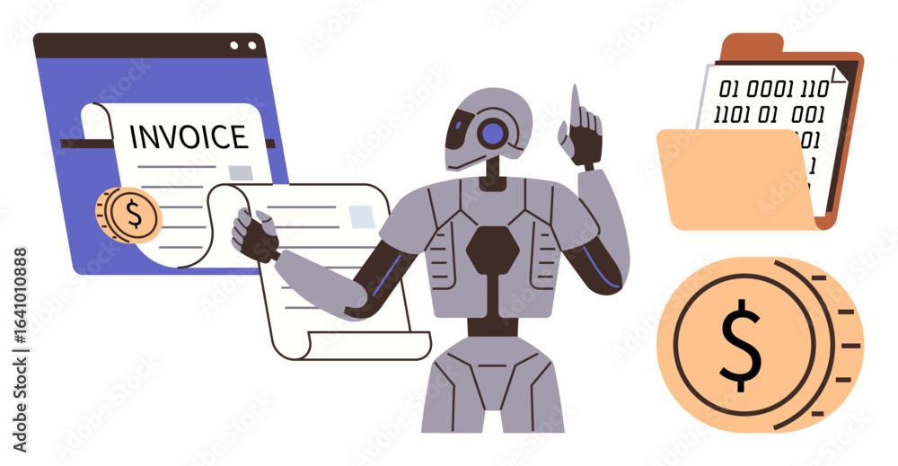 Poster robot handling digital invoice, binary-coded folder, and coin. ideal for finance, automation, ai, di