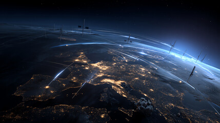 Nighttime satellite view of Europe showing illuminated cities and connected by glowing light trails, representing digital communication or data exchange across the continent