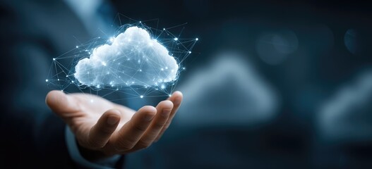 A hand holds a digital cloud network