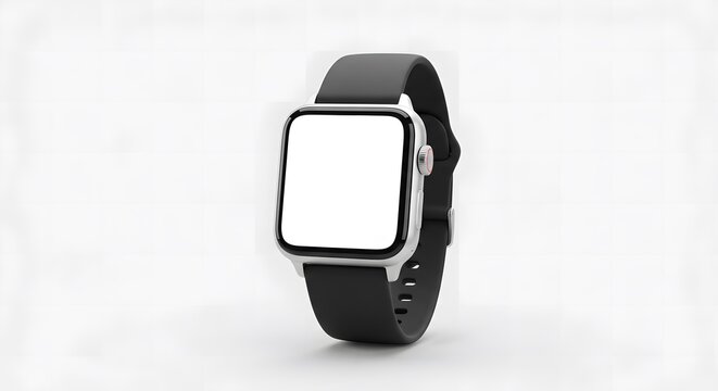 Sleek Silver Smartwatch Mockup with Blank Screen and Black Strap, Isolated on White.