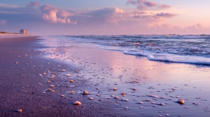 Obraz premium Calm waves lap against the shore, revealing scattered seashells as the sun sets in the evening sky.