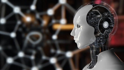 Fototapeta premium Advanced AI Robot Head with Visible Circuitry and Neural Network Background