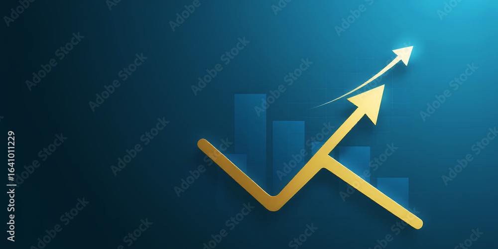 Poster a golden arrow pointing upwards with bar chart on a blue background showing growth concept